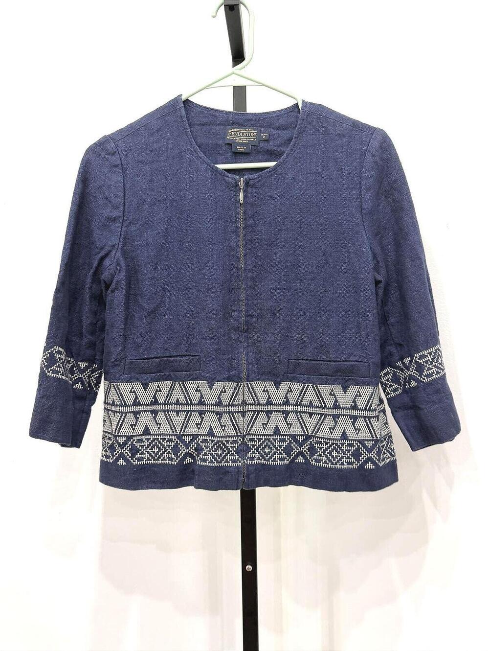 Pendleton Womens 100% Linen Cardigan Blazer Jacket Zip Embroidered Career P